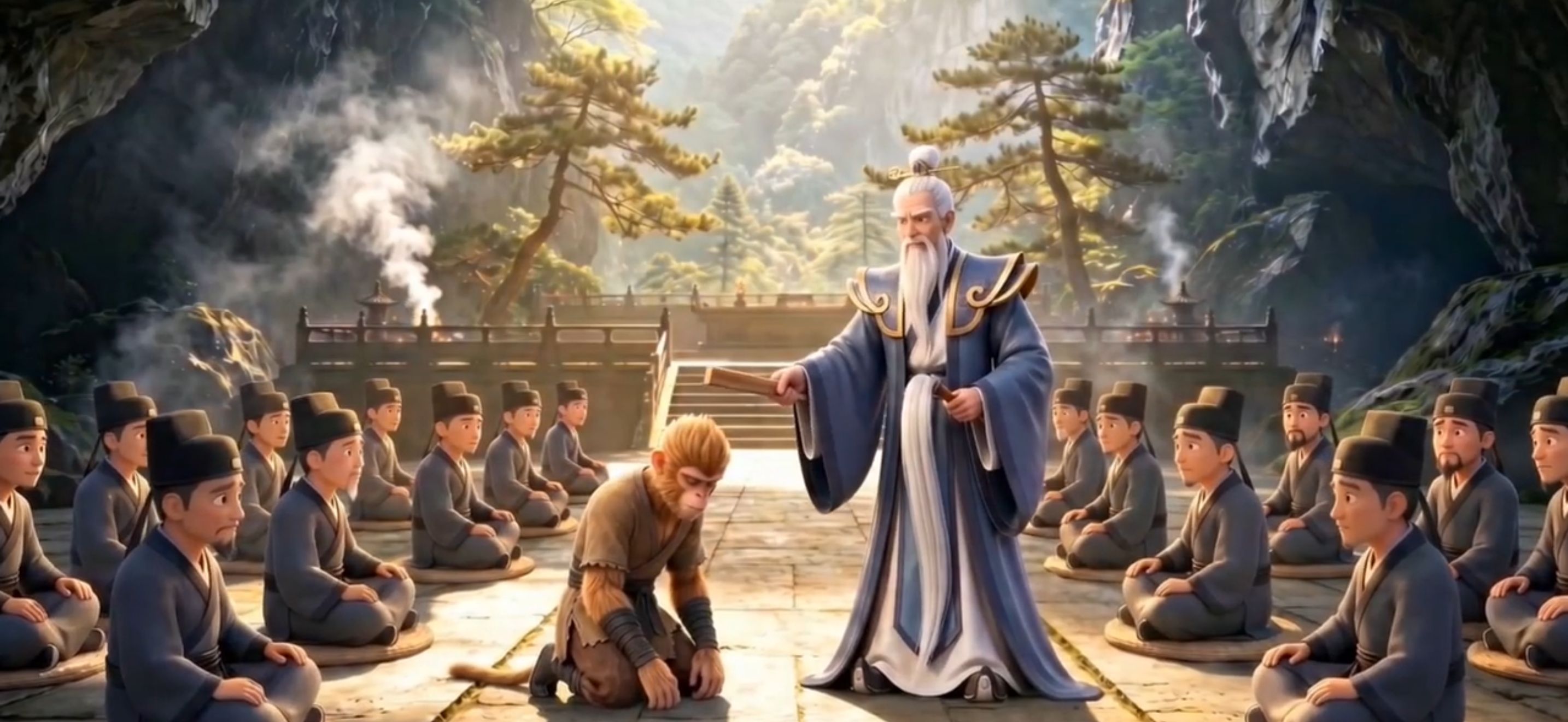 沉浸式 3D 阅读场景：西游记菩提祖师讲课